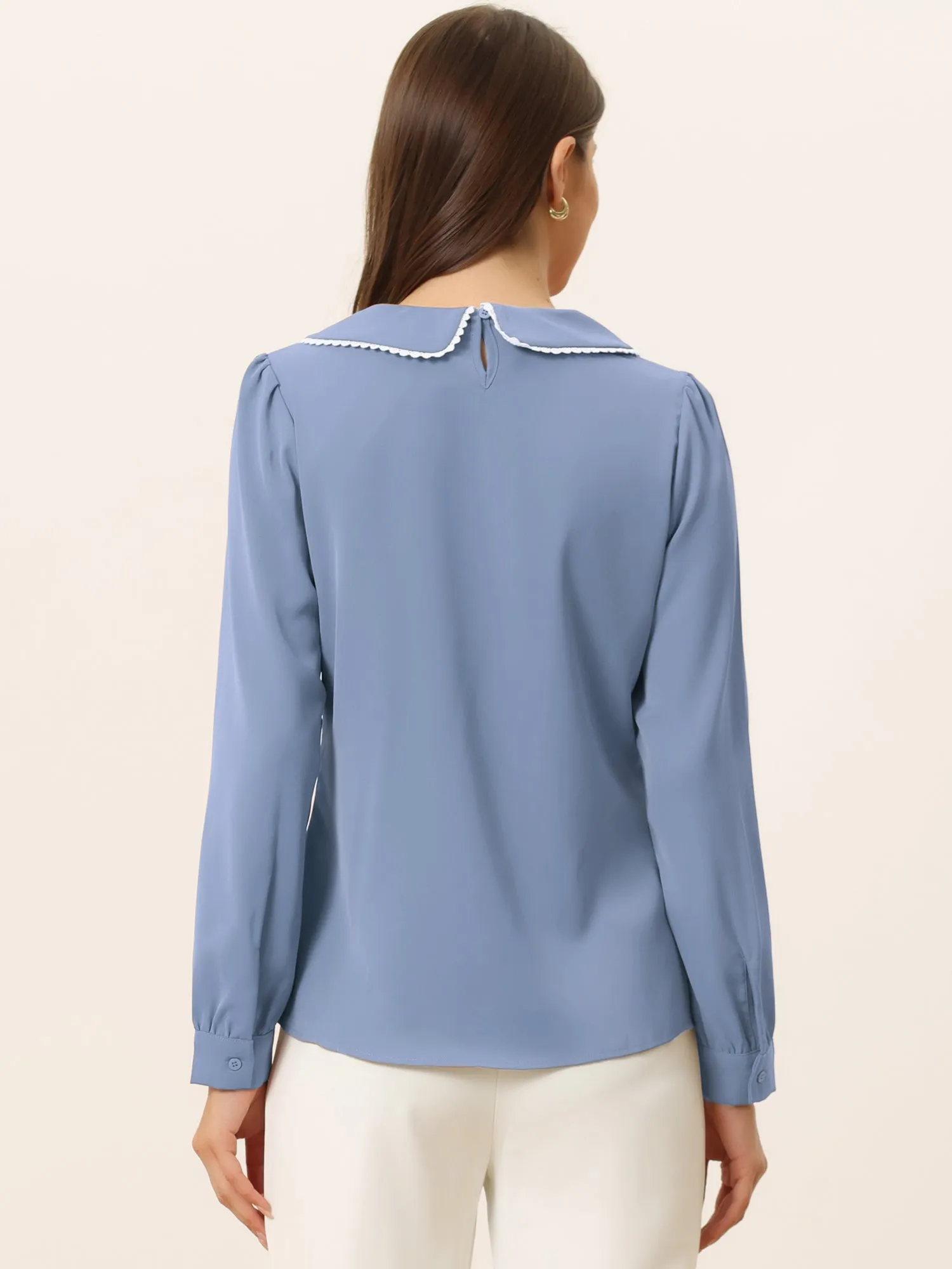 Peter Pan Collar Crochet Trim Long Sleeve Chiffon Office Blouse