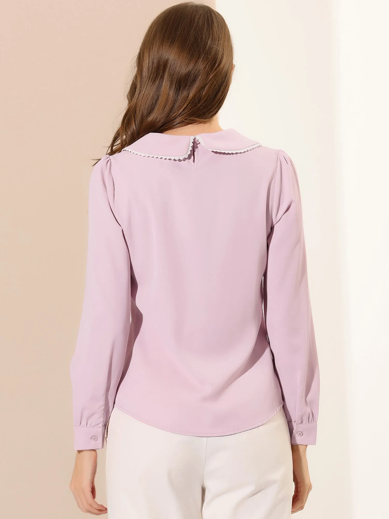 Peter Pan Collar Crochet Trim Long Sleeve Chiffon Office Blouse