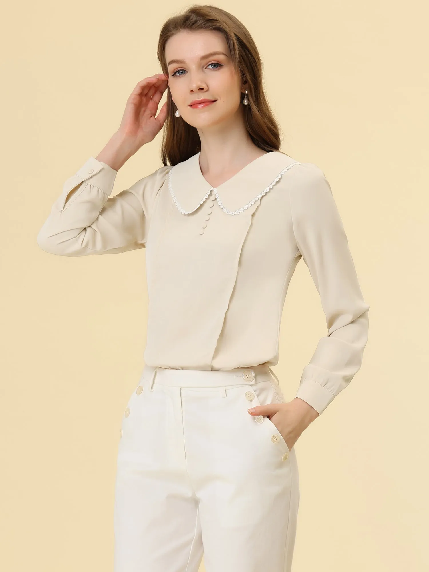 Peter Pan Collar Crochet Trim Long Sleeve Chiffon Office Blouse