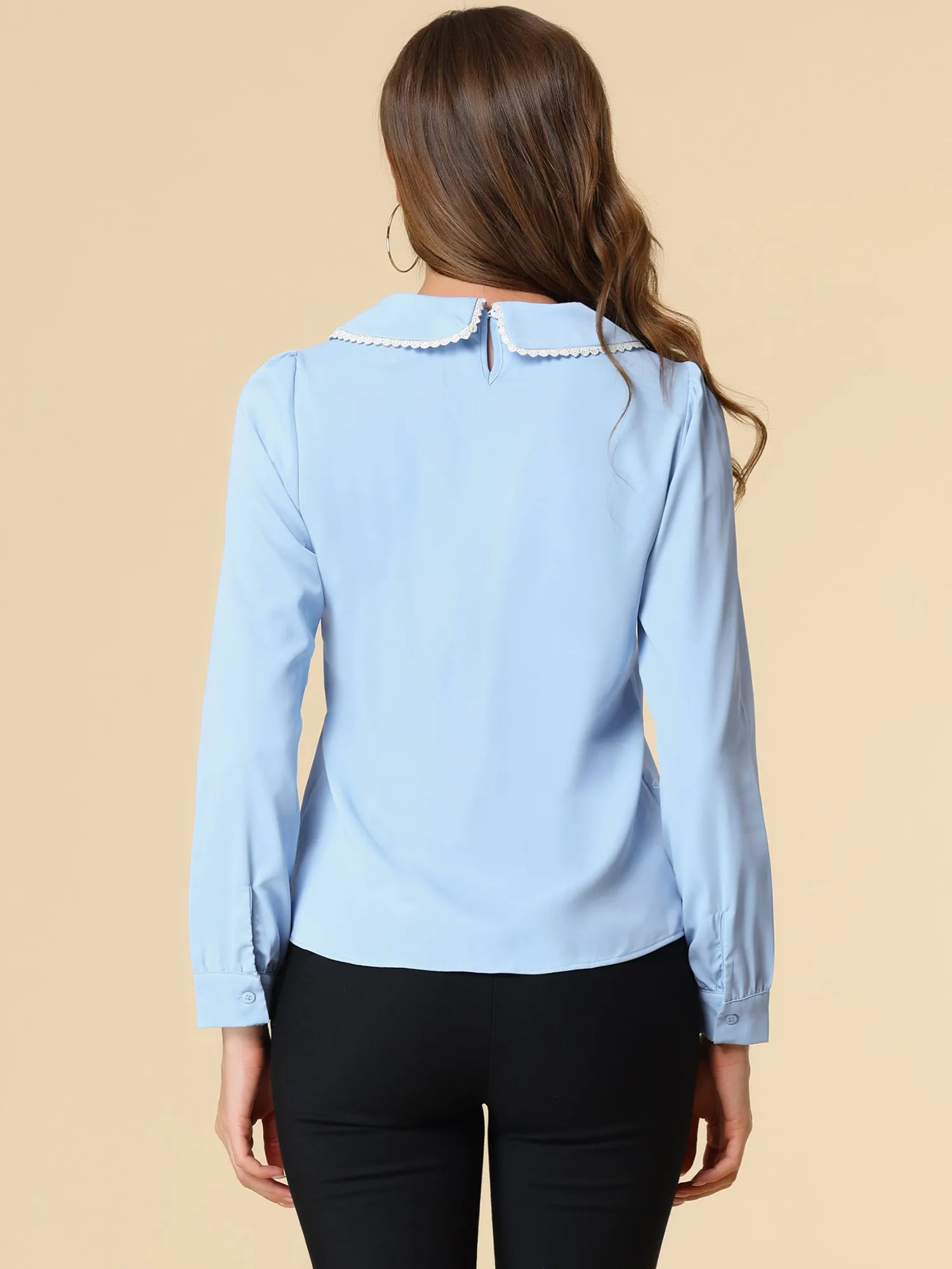 Peter Pan Collar Crochet Trim Long Sleeve Chiffon Office Blouse