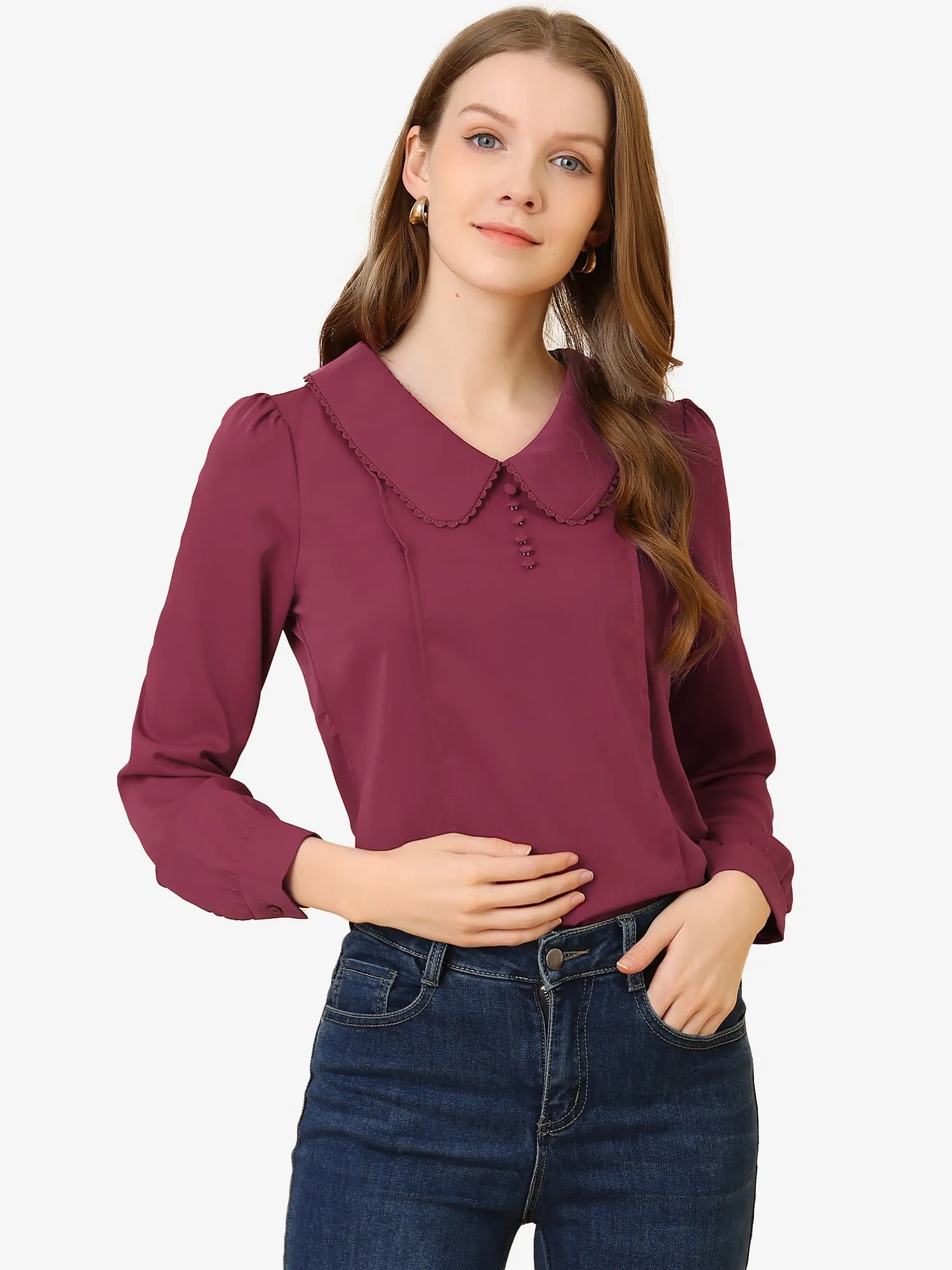 Peter Pan Collar Crochet Trim Long Sleeve Chiffon Office Blouse