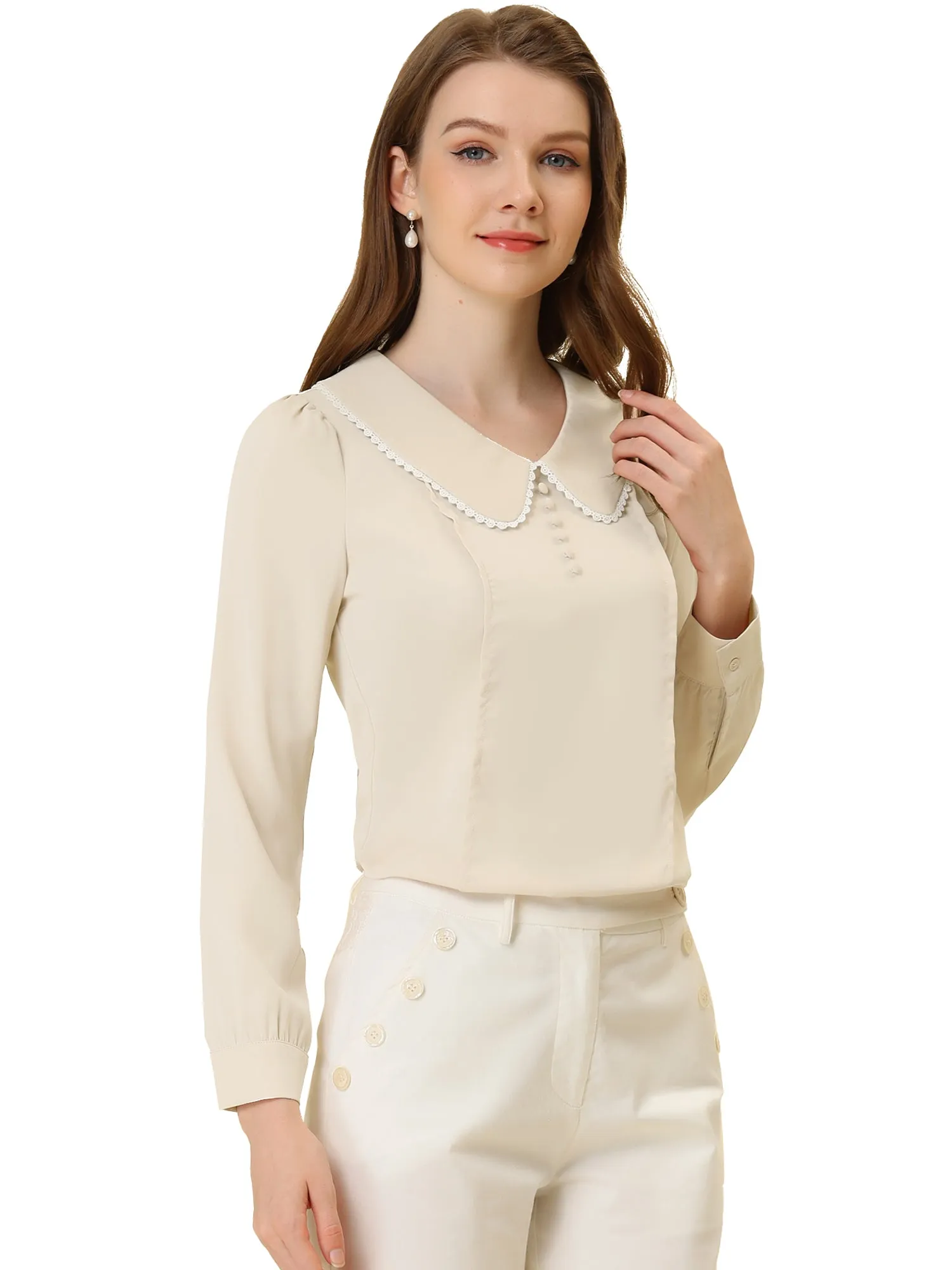 Peter Pan Collar Crochet Trim Long Sleeve Chiffon Office Blouse