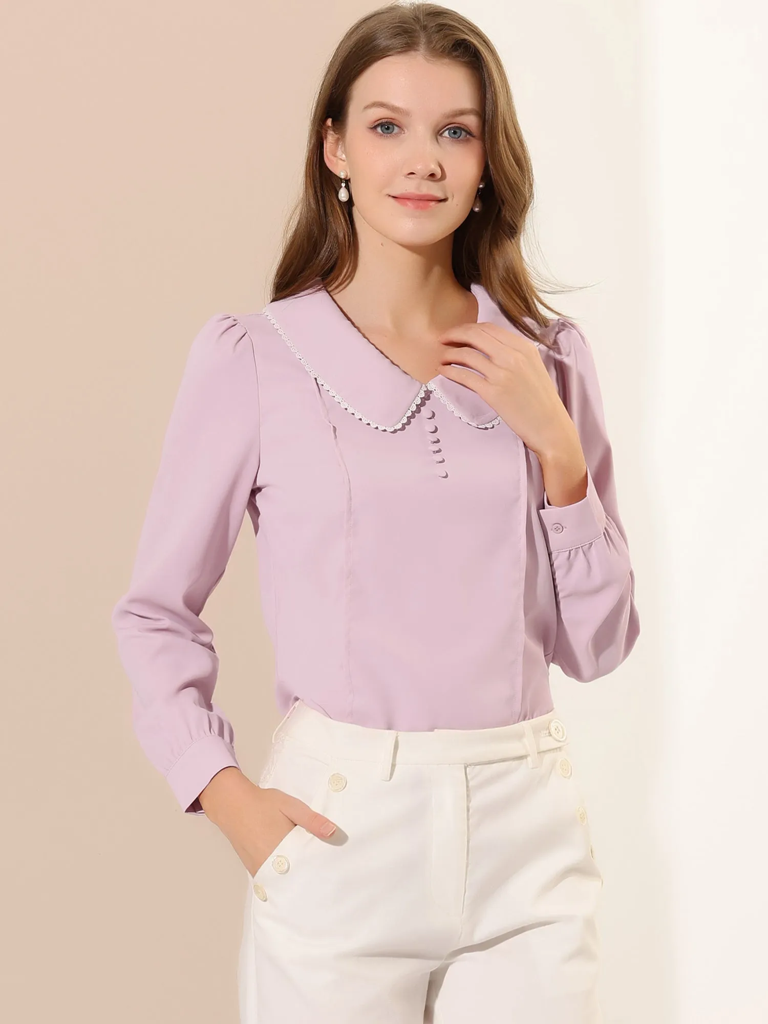 Peter Pan Collar Crochet Trim Long Sleeve Chiffon Office Blouse