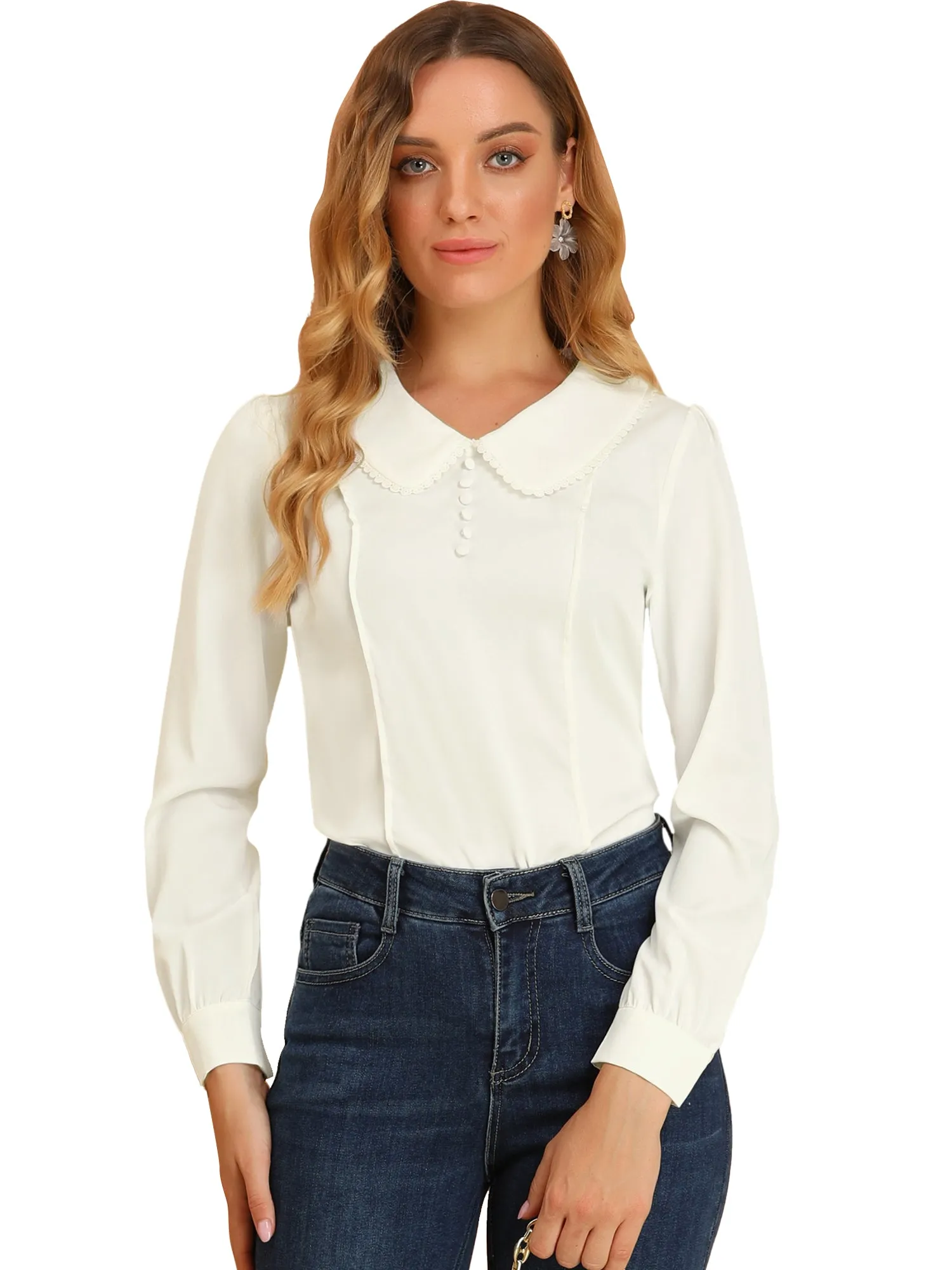 Peter Pan Collar Crochet Trim Long Sleeve Chiffon Office Blouse