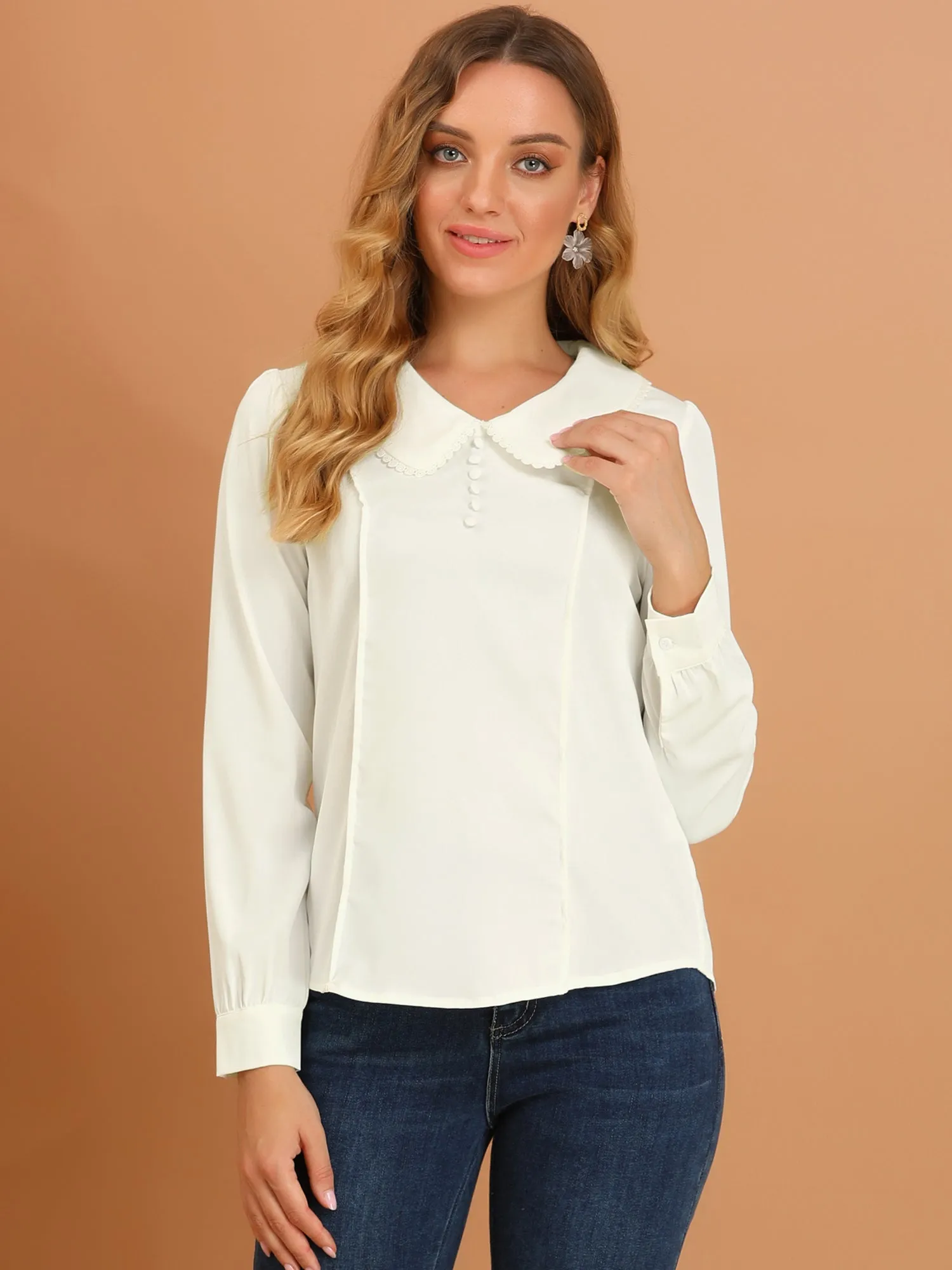 Peter Pan Collar Crochet Trim Long Sleeve Chiffon Office Blouse