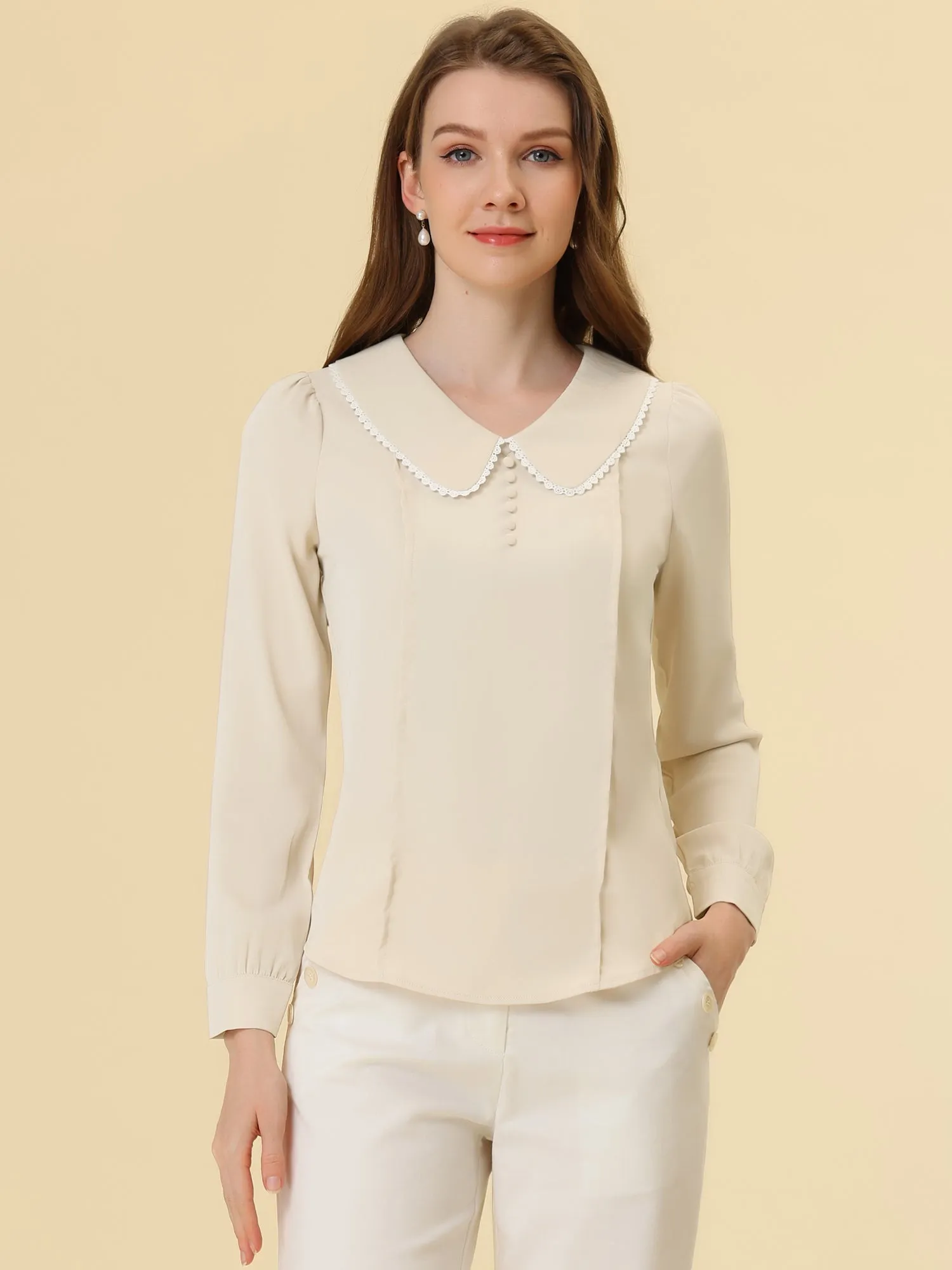 Peter Pan Collar Crochet Trim Long Sleeve Chiffon Office Blouse
