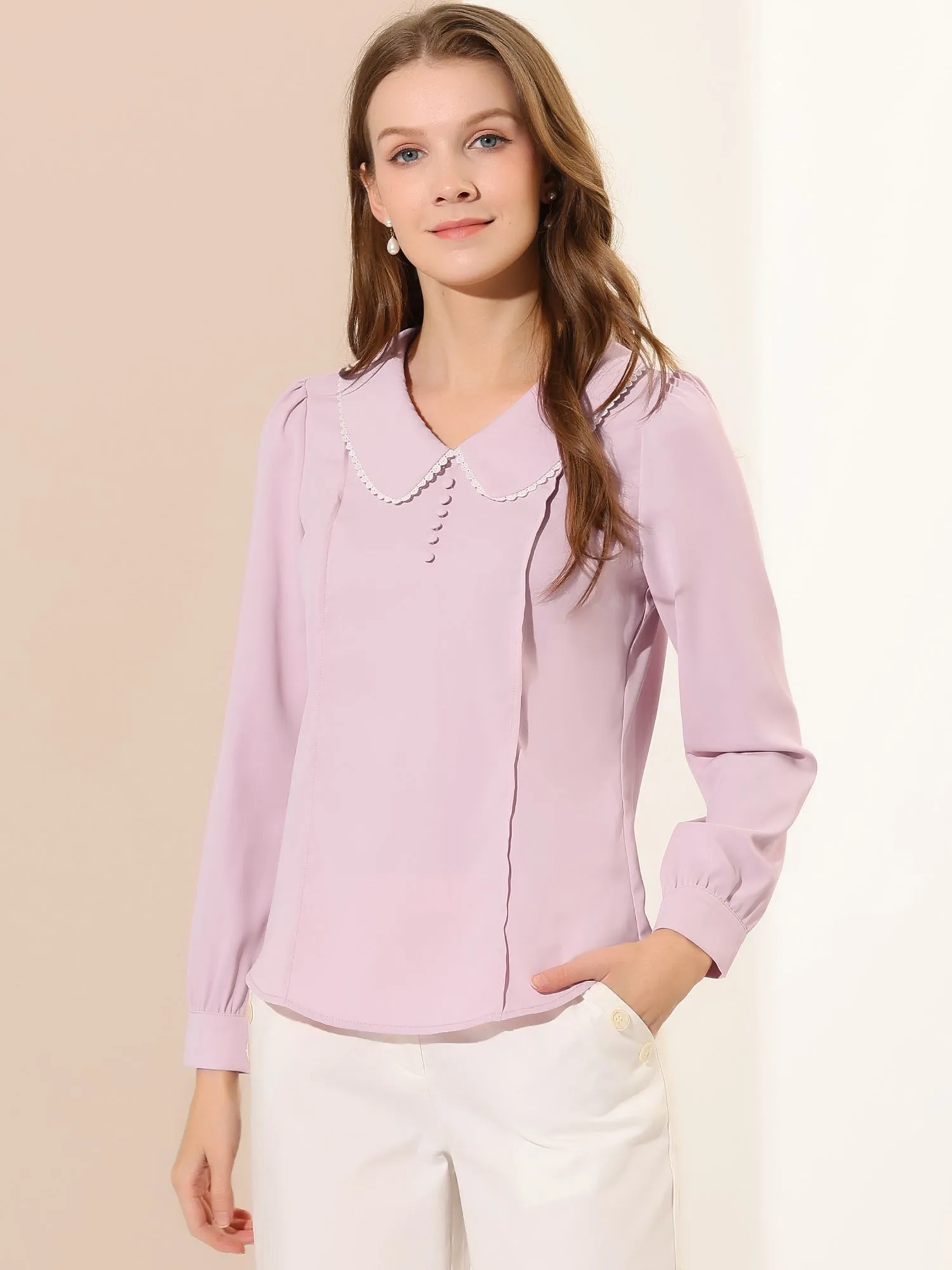 Peter Pan Collar Crochet Trim Long Sleeve Chiffon Office Blouse