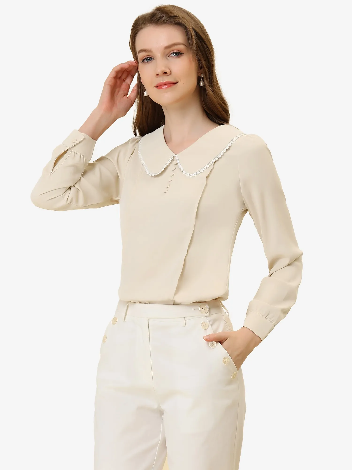 Peter Pan Collar Crochet Trim Long Sleeve Chiffon Office Blouse