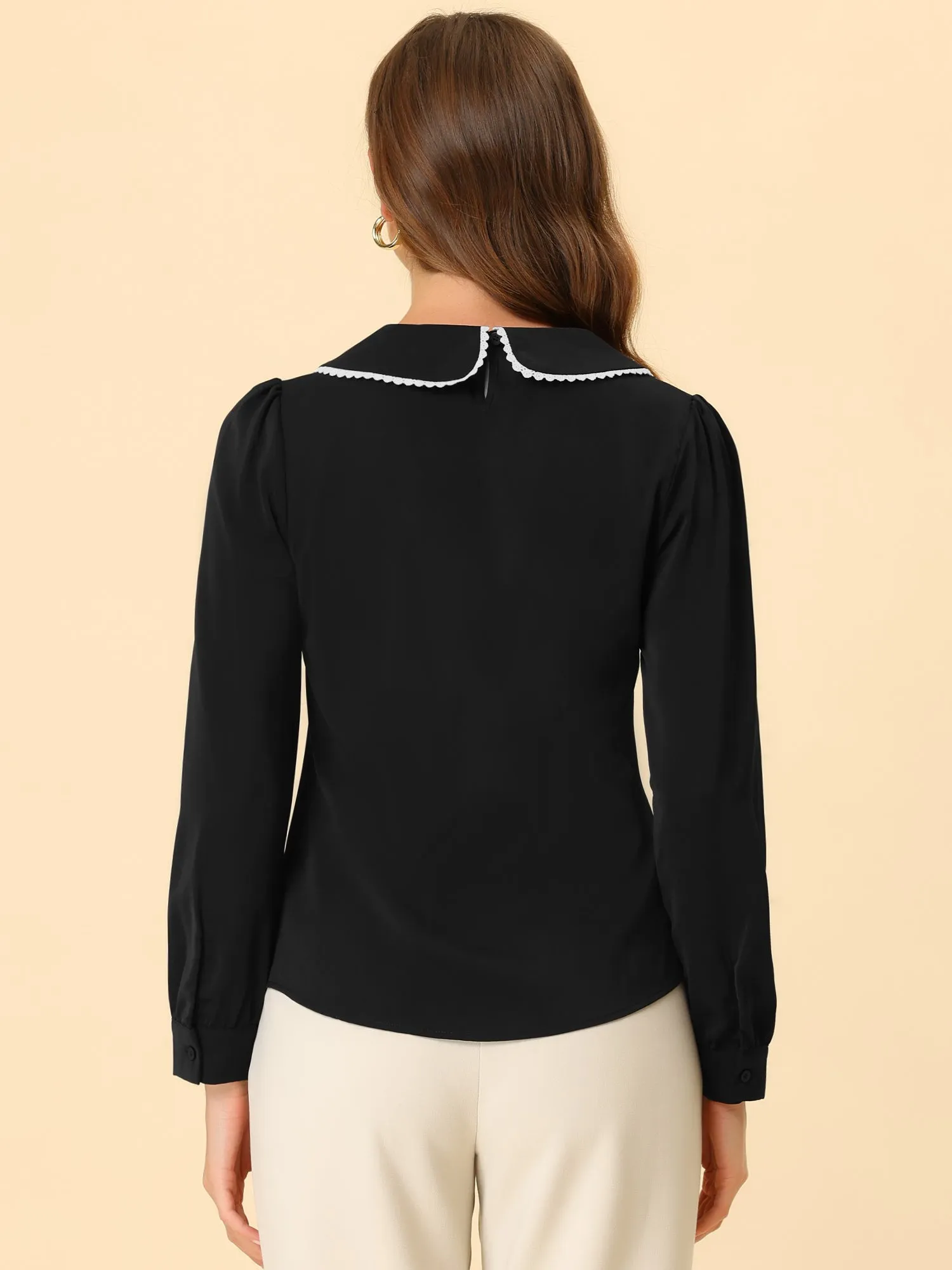 Peter Pan Collar Crochet Trim Long Sleeve Chiffon Office Blouse