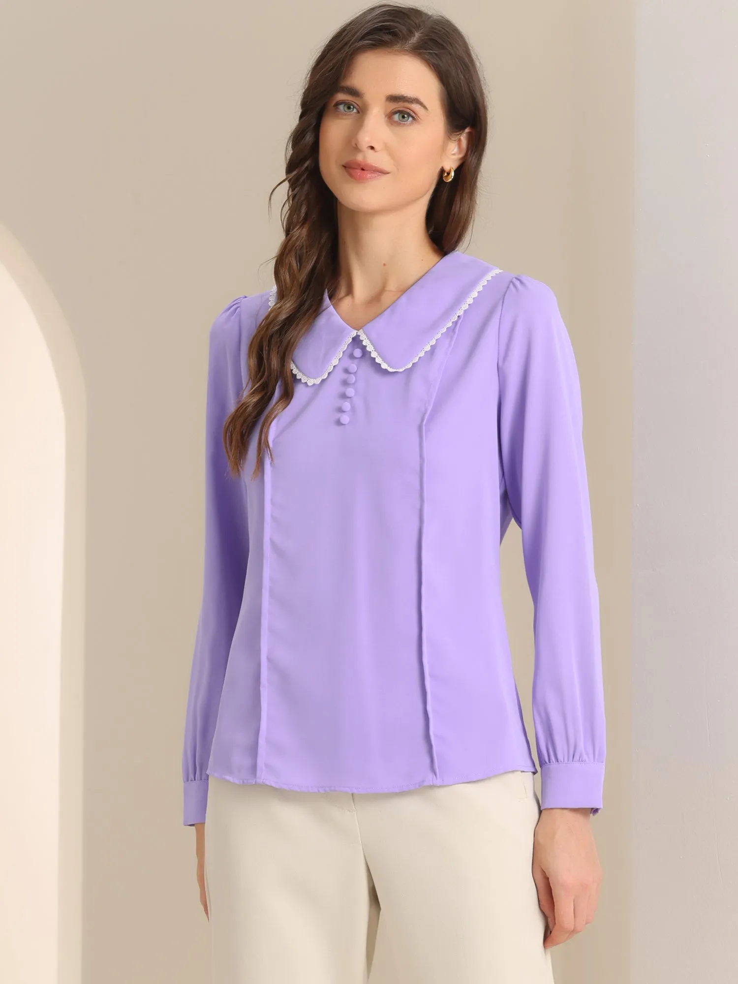 Peter Pan Collar Crochet Trim Long Sleeve Chiffon Office Blouse