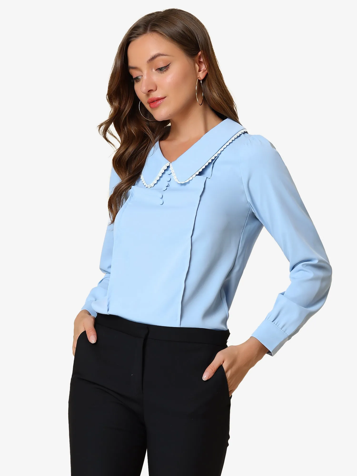 Peter Pan Collar Crochet Trim Long Sleeve Chiffon Office Blouse