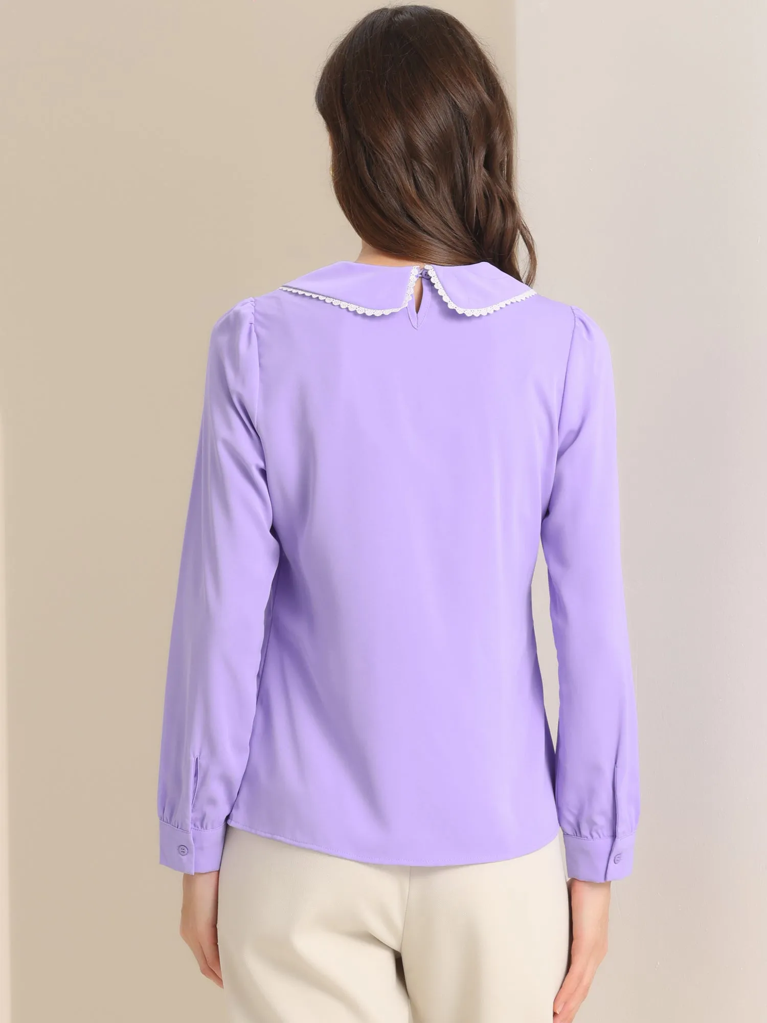 Peter Pan Collar Crochet Trim Long Sleeve Chiffon Office Blouse