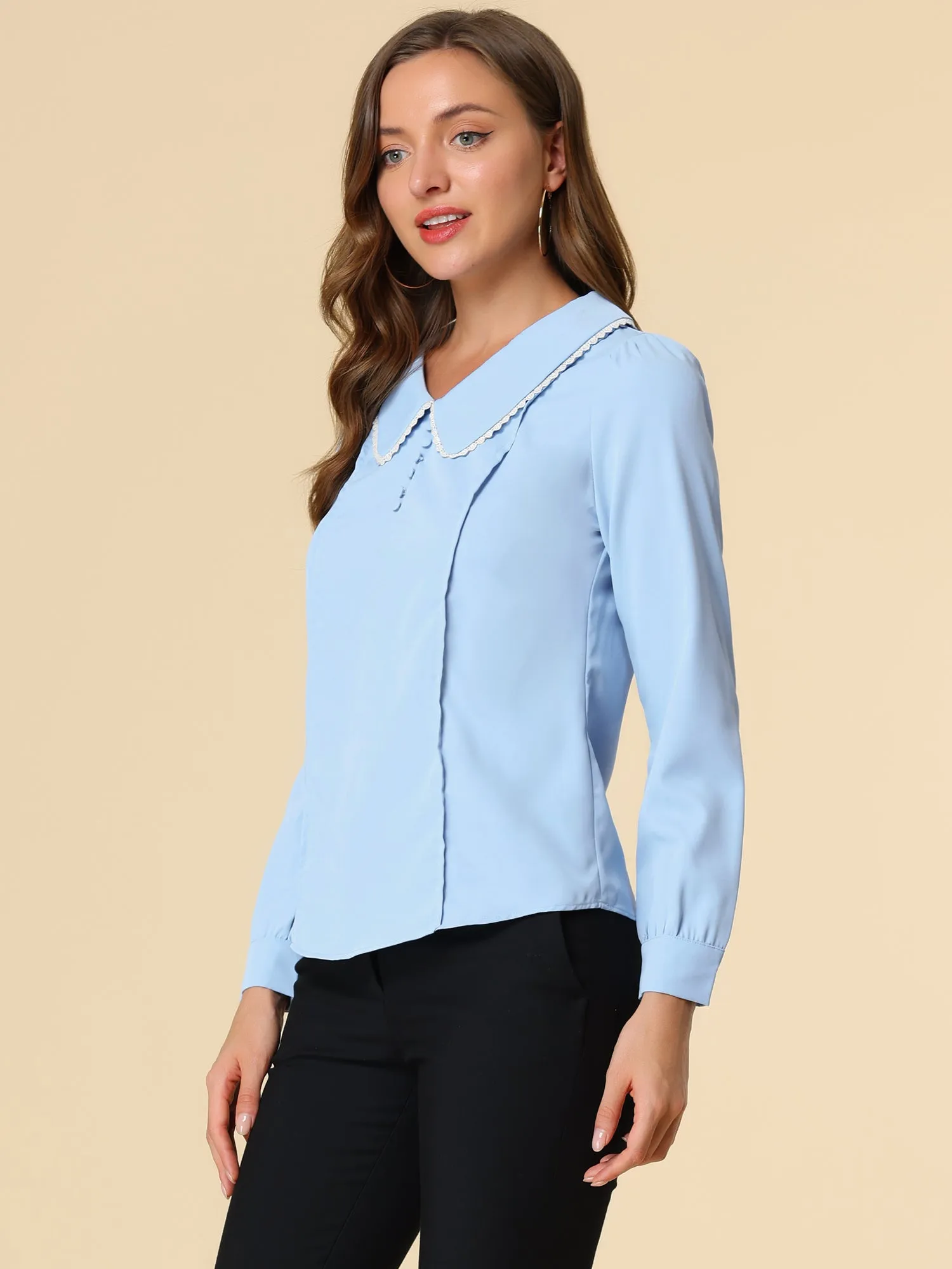 Peter Pan Collar Crochet Trim Long Sleeve Chiffon Office Blouse