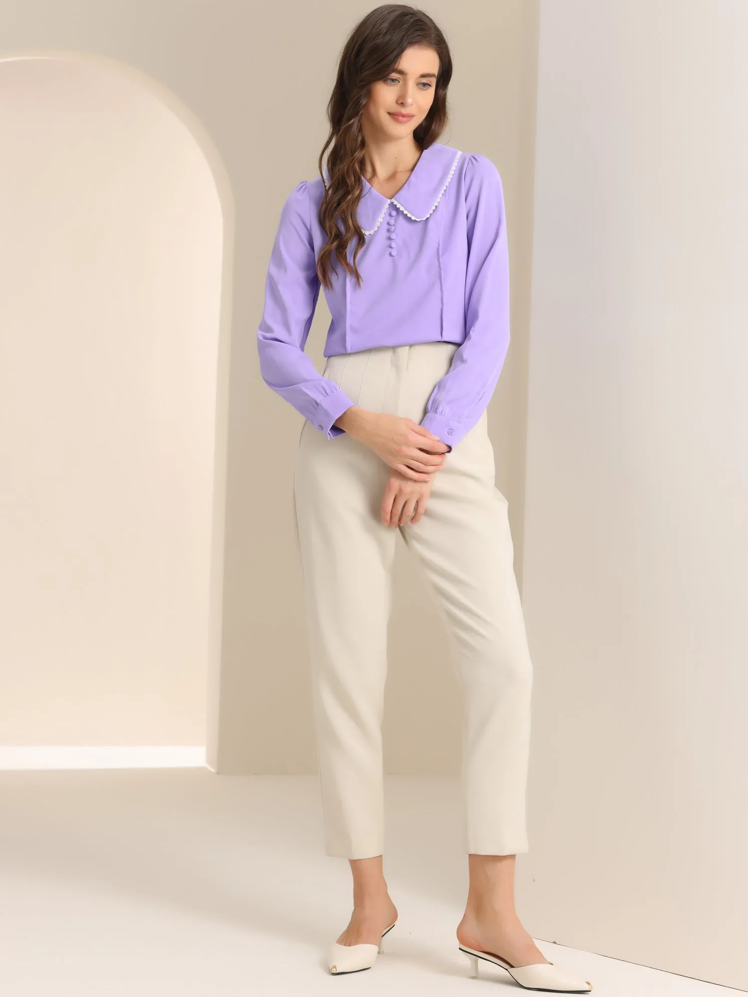 Peter Pan Collar Crochet Trim Long Sleeve Chiffon Office Blouse
