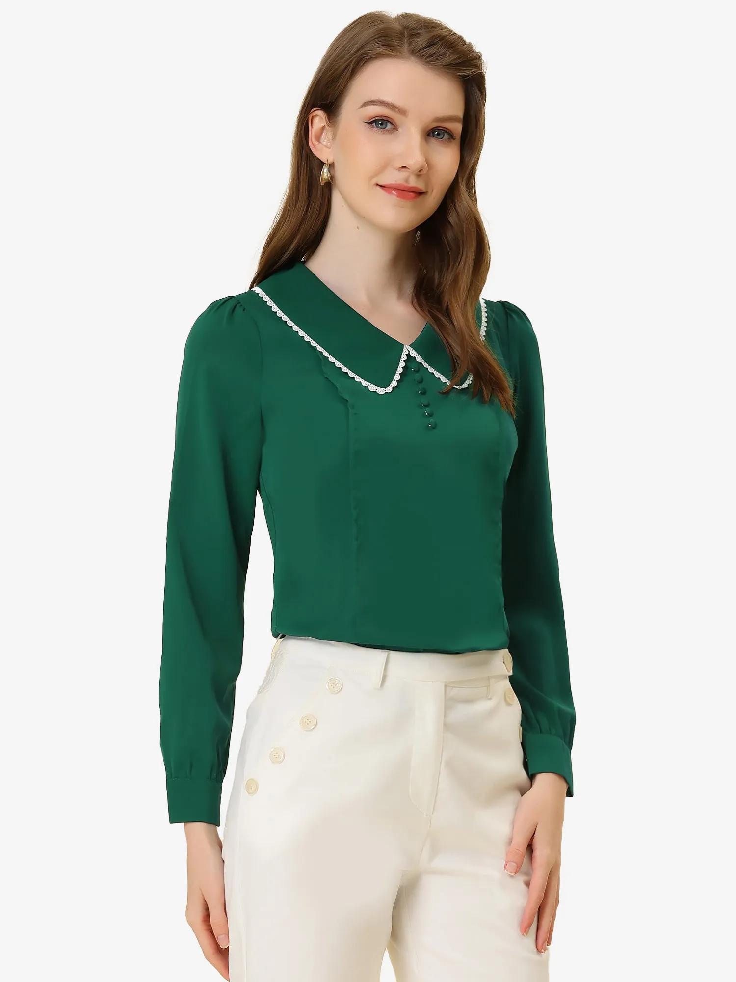 Peter Pan Collar Crochet Trim Long Sleeve Chiffon Office Blouse