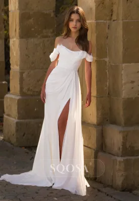 Pleated Scoop-Neck Sleeveless Bride Gowns High Slit Floral Embellished Wedding Dress with Train