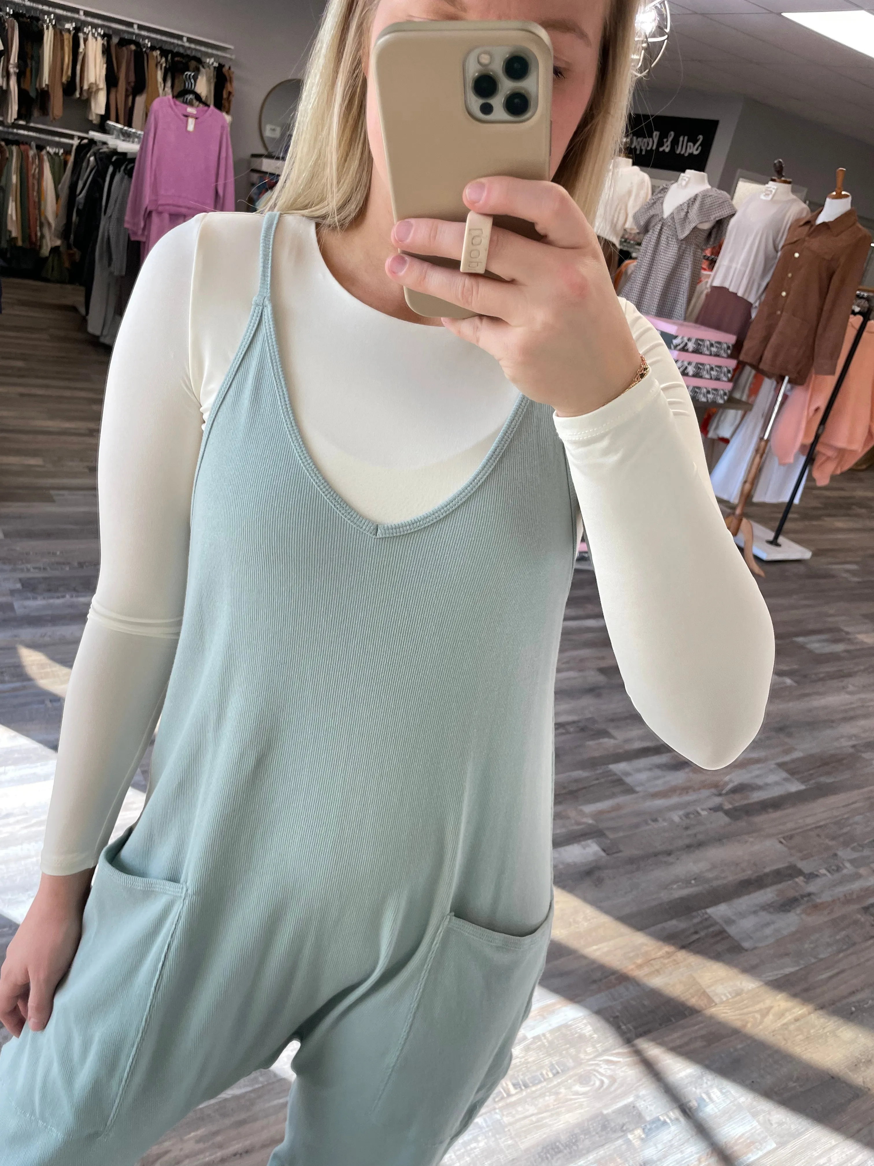 Ribbed Knit Pocket Jumpsuit - Sage