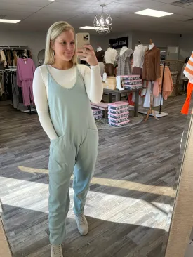 Ribbed Knit Pocket Jumpsuit - Sage