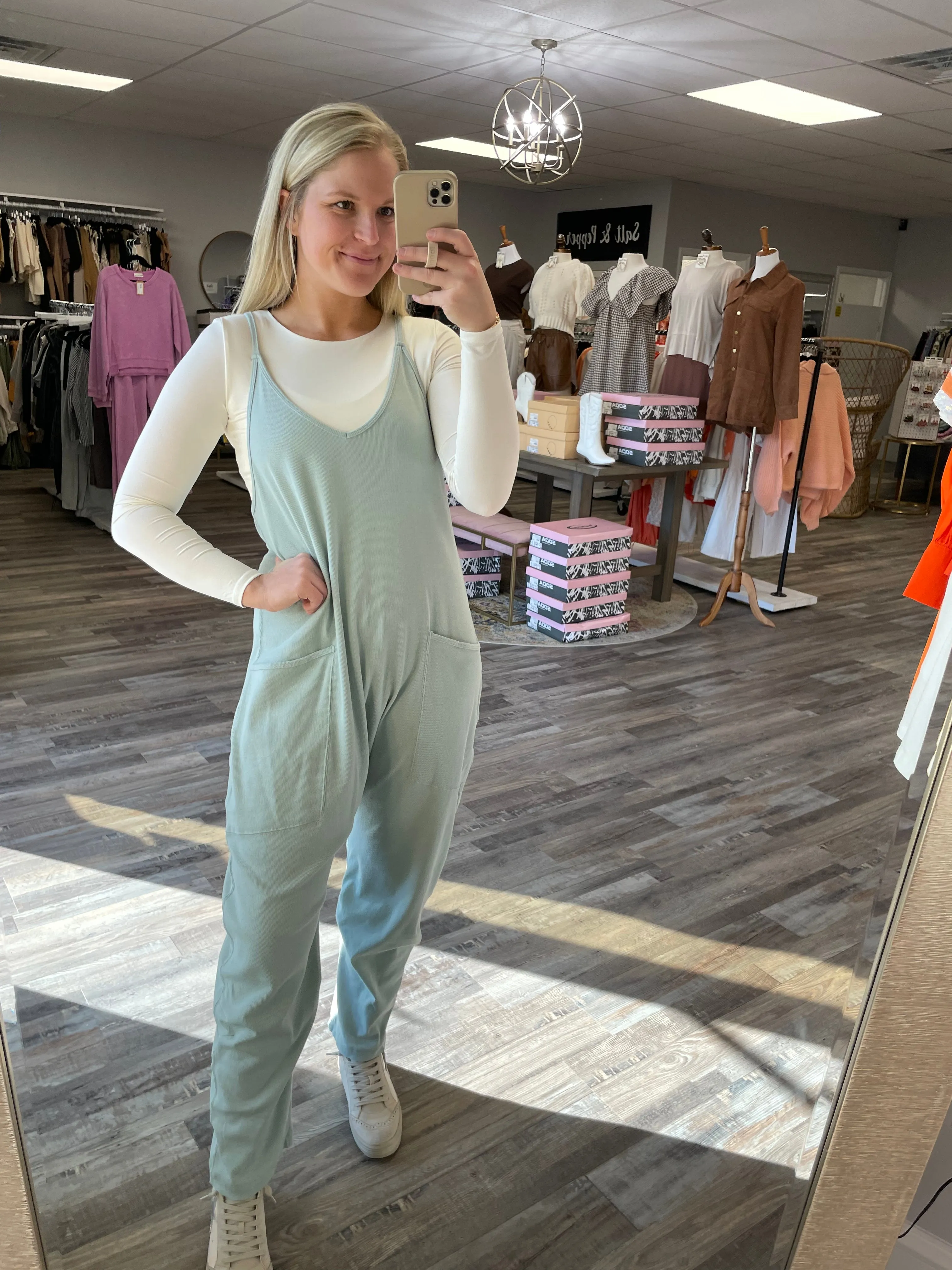 Ribbed Knit Pocket Jumpsuit - Sage