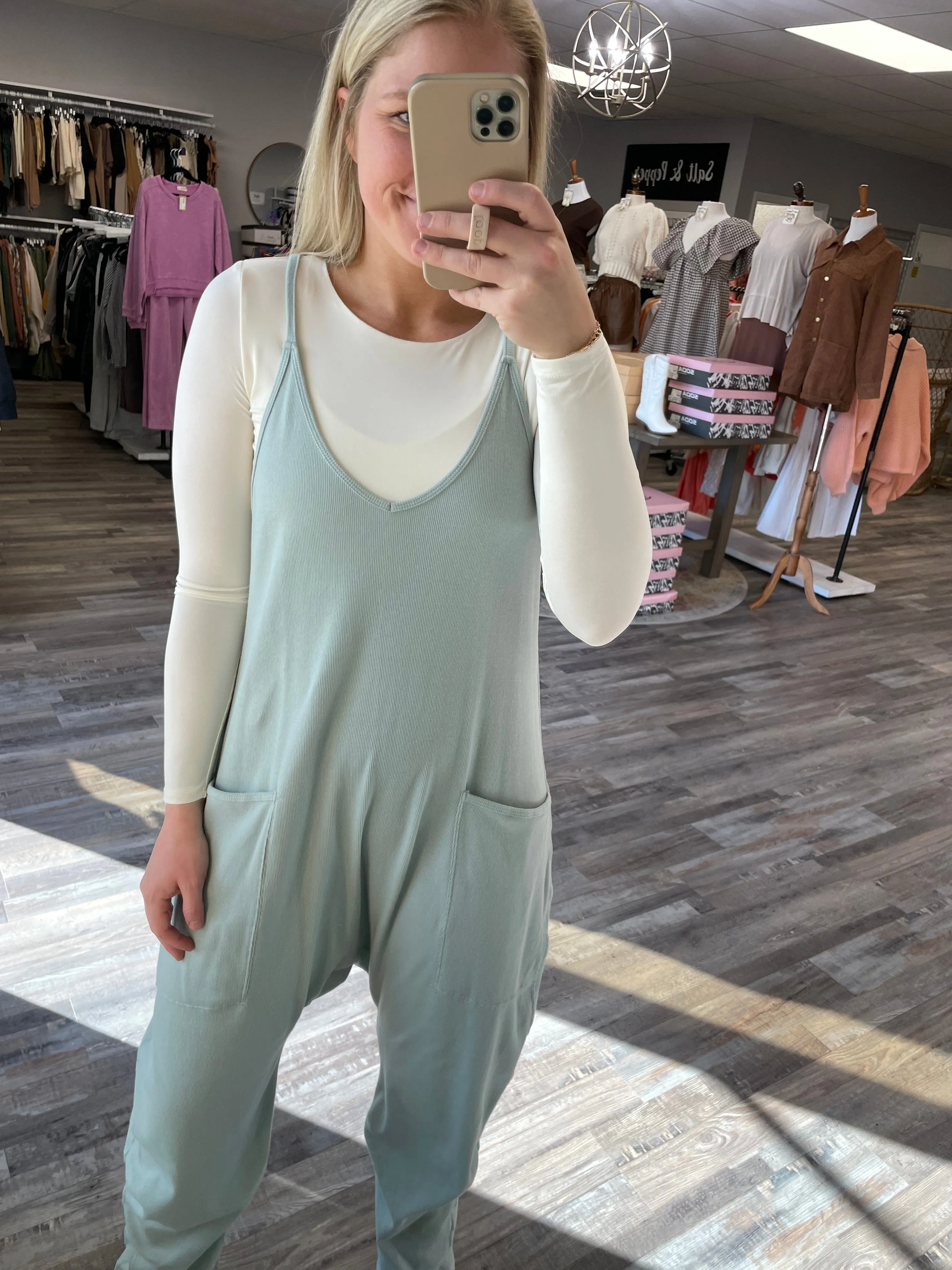 Ribbed Knit Pocket Jumpsuit - Sage