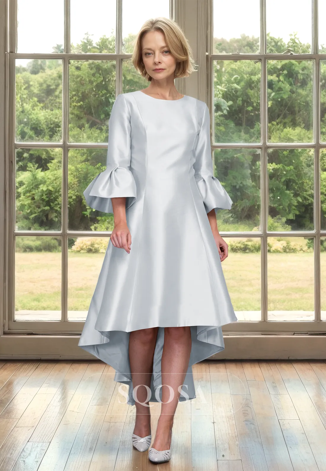 Scoop-Neck Half-Sleeves Satin Cocktail Gowns High-Low A-Line Mother of the Bride Dress