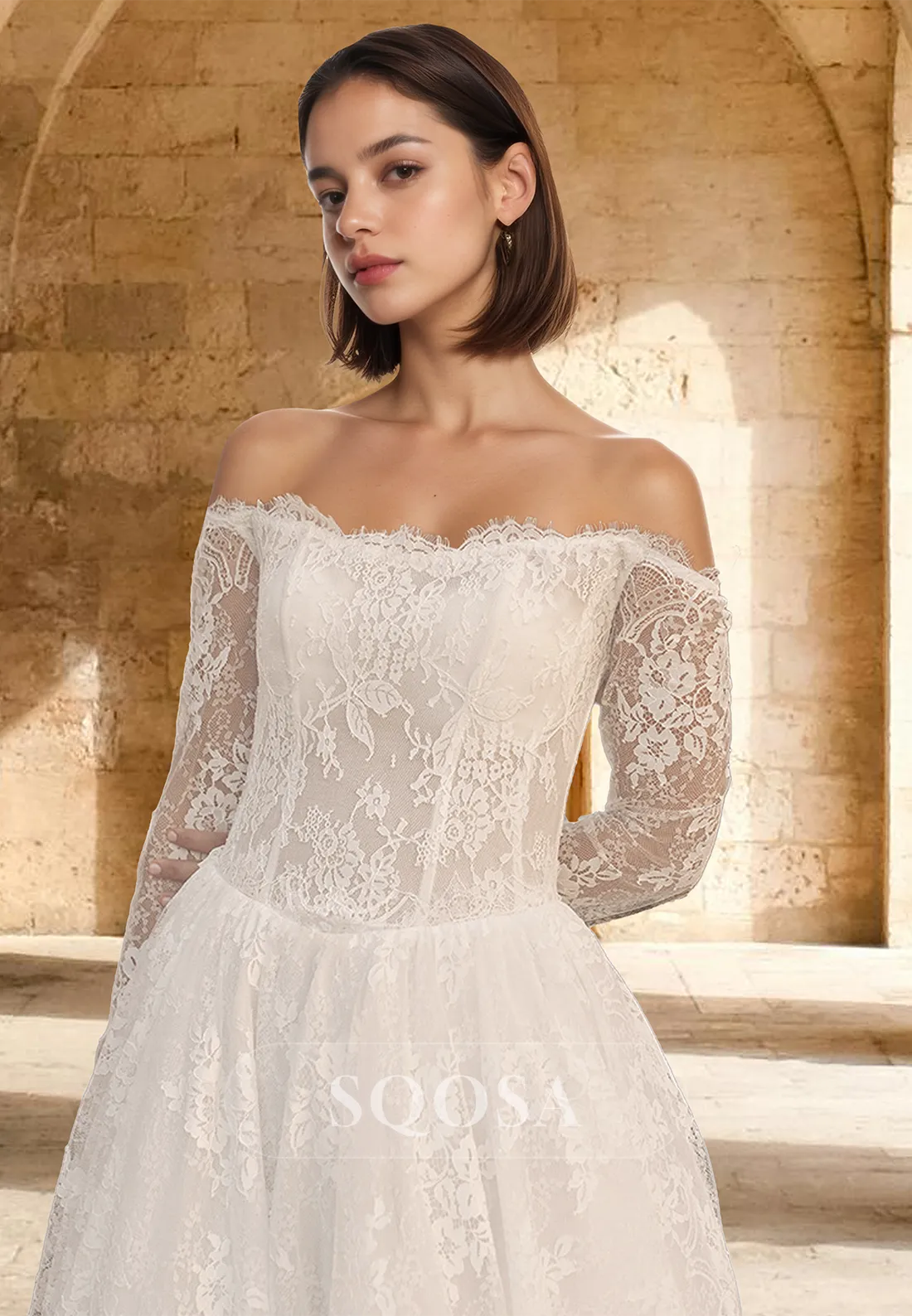 Scoop-Neck Long-Sleeves Allover Lace Bride Gowns Off-Shoulder Pleated Cutout A-Line Wedding Dress