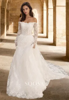 Scoop-Neck Long-Sleeves Allover Lace Bride Gowns Off-Shoulder Pleated Cutout A-Line Wedding Dress