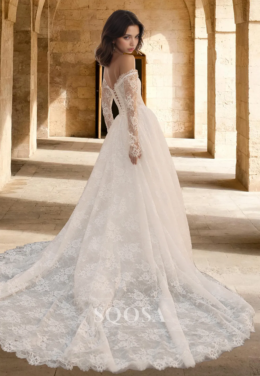 Scoop-Neck Long-Sleeves Allover Lace Bride Gowns Off-Shoulder Pleated Cutout A-Line Wedding Dress