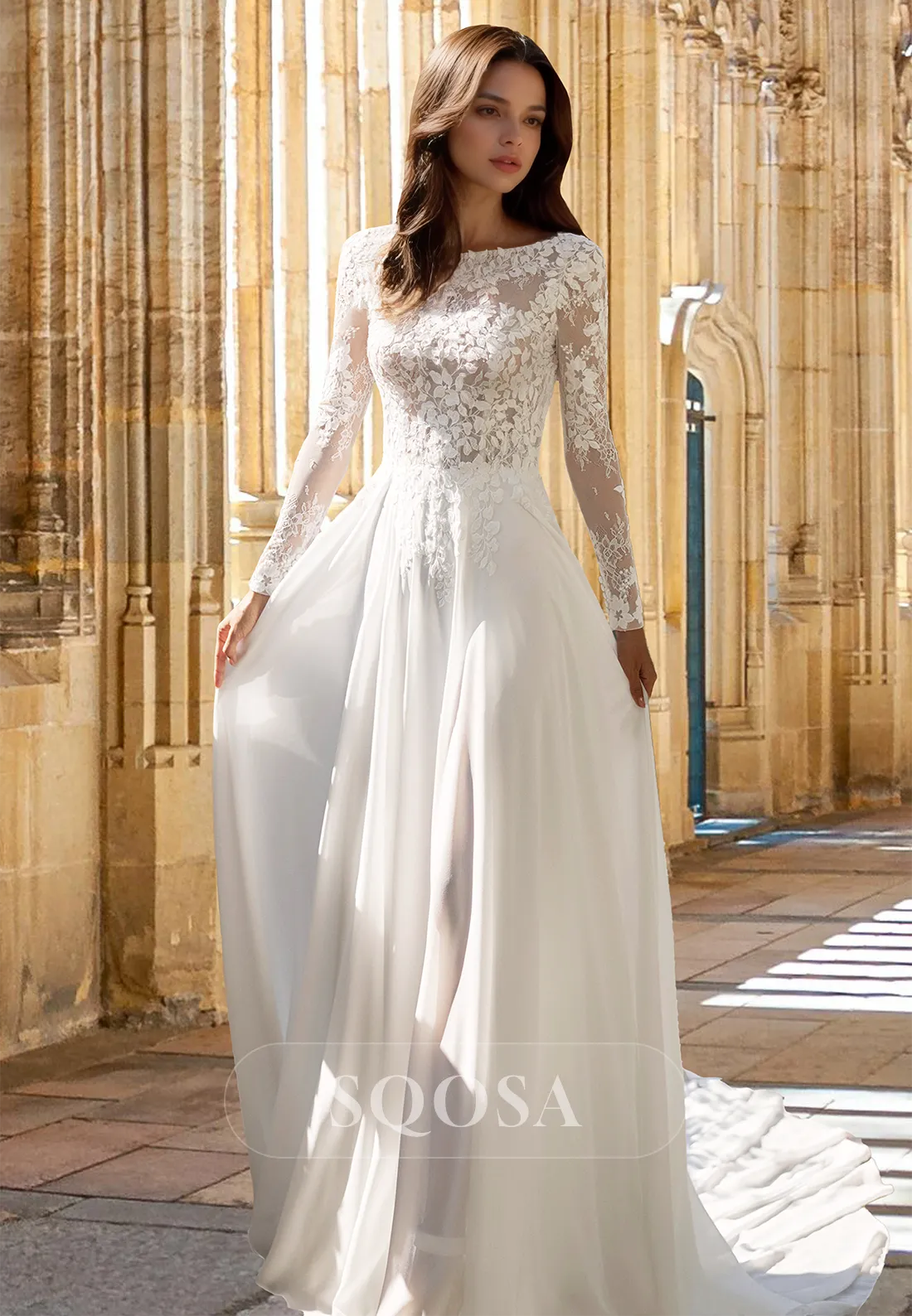 Scoop-Neck Long-Sleeves Pleated Bride Gowns Lace Applique Chiffon Sweep Train A-Line Wedding Dress