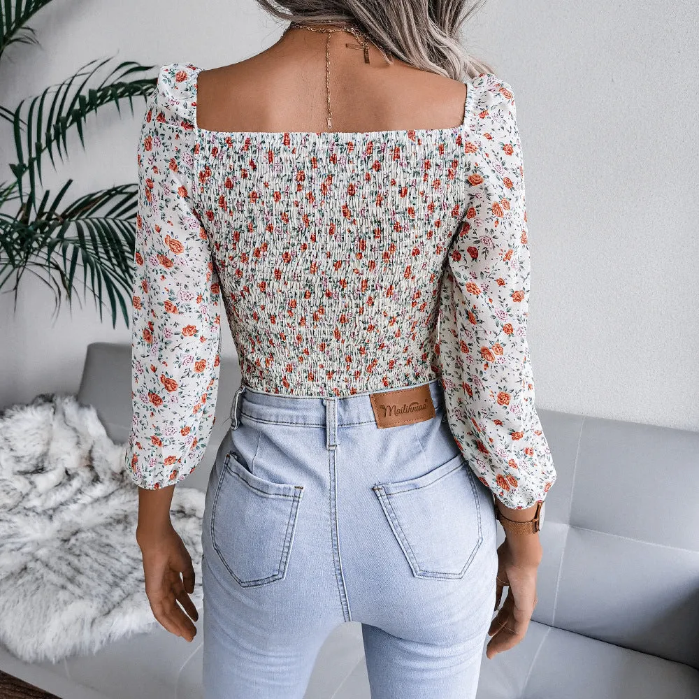 Sexy V-Neck Slim Floral Print Shirt Long Sleeve Chiffon Wholesale Womens Blouses