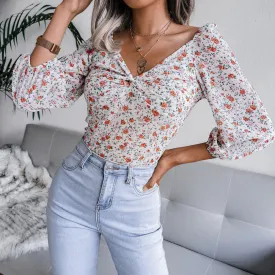 Sexy V-Neck Slim Floral Print Shirt Long Sleeve Chiffon Wholesale Womens Blouses