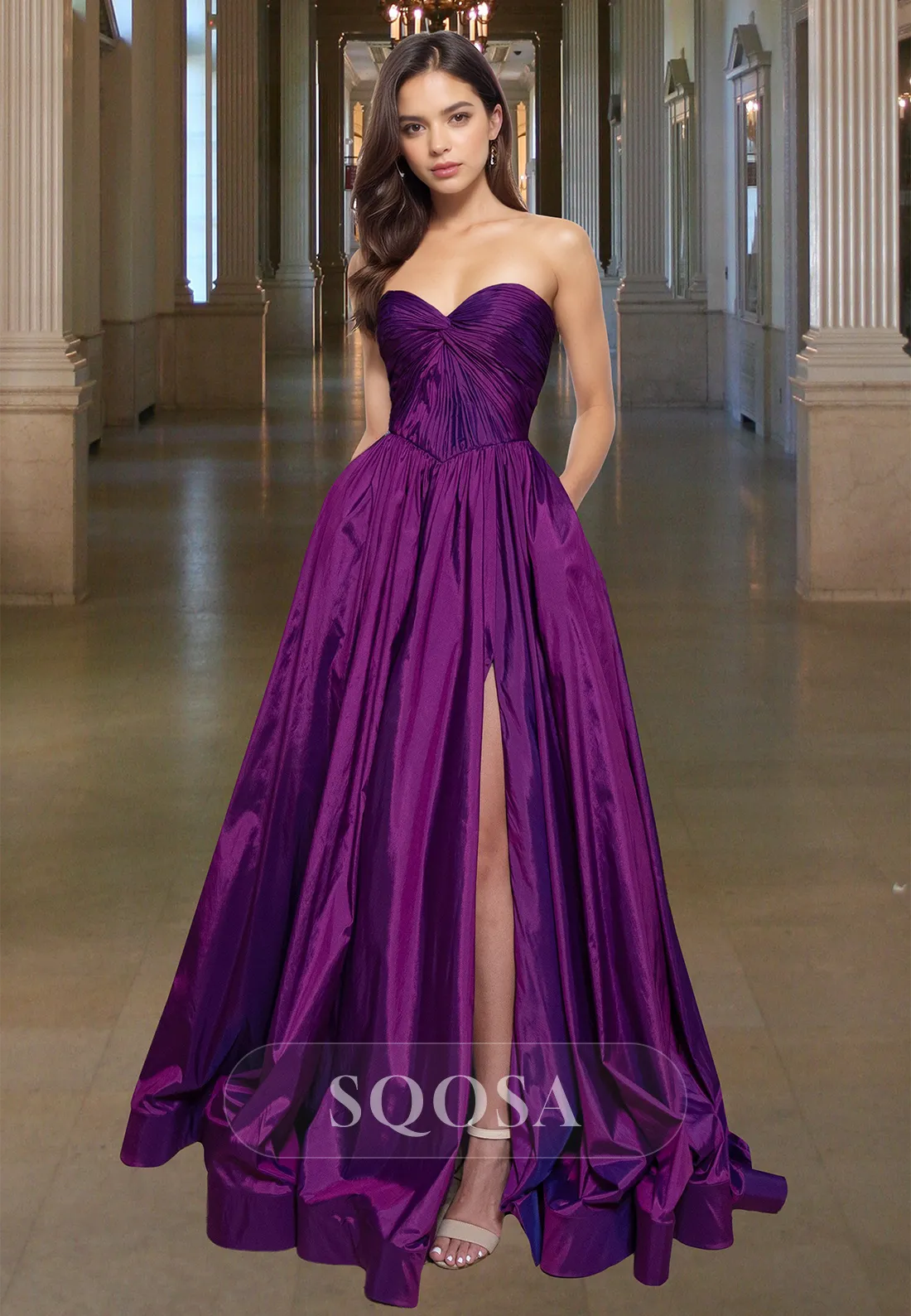 Simple Off-Shoulder Sleeveless Pleated Party Gowns Sweetheart Satin High Slit A-Line Prom Dress