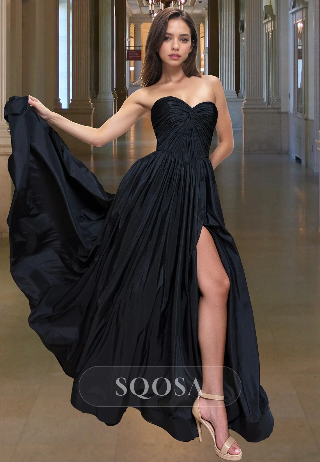 Simple Off-Shoulder Sleeveless Pleated Party Gowns Sweetheart Satin High Slit A-Line Prom Dress