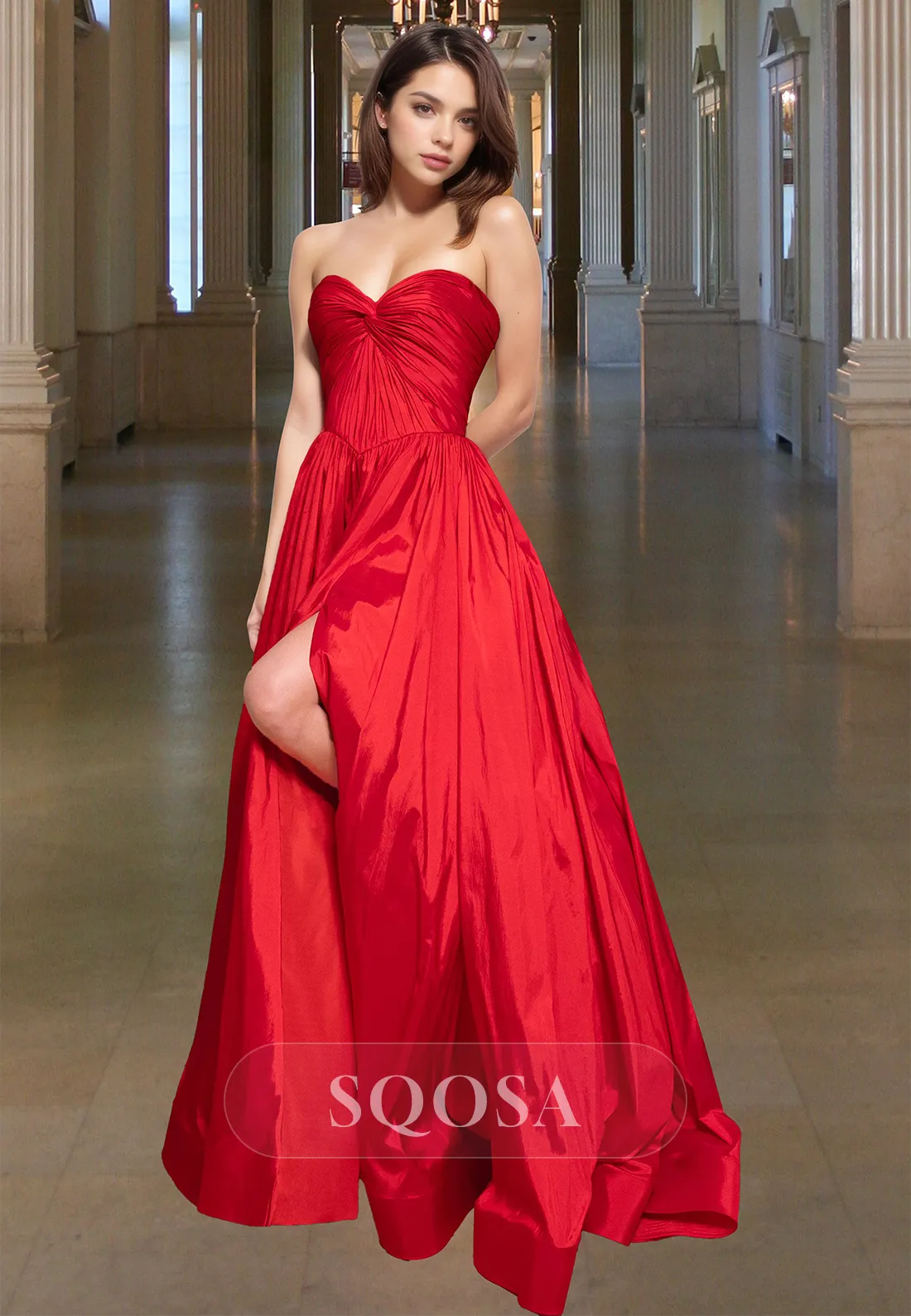Simple Off-Shoulder Sleeveless Pleated Party Gowns Sweetheart Satin High Slit A-Line Prom Dress