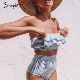 Simplee Ruffle Striped high waist women bathing