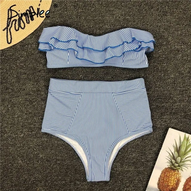 Simplee Ruffle Striped high waist women bathing