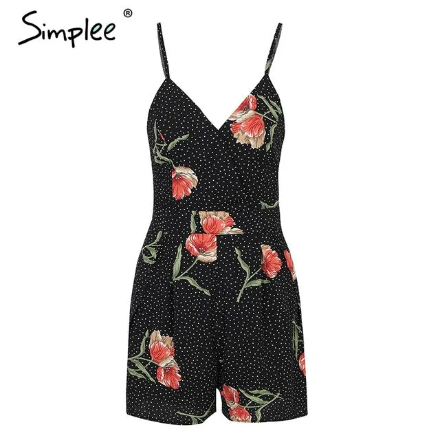 Simplee Sexy v neck print boho jumpsuit romper Backless tie up short jumpsuit women