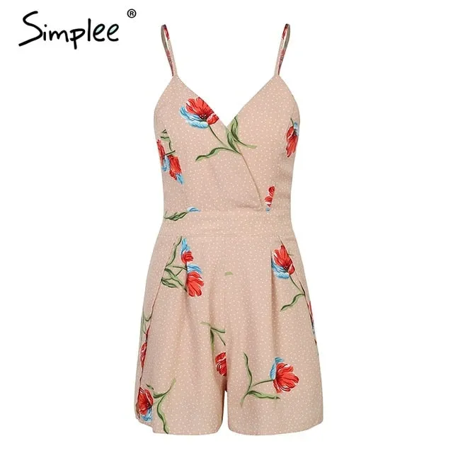 Simplee Sexy v neck print boho jumpsuit romper Backless tie up short jumpsuit women