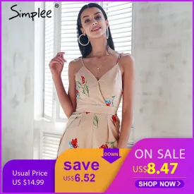 Simplee Sexy v neck print boho jumpsuit romper Backless tie up short jumpsuit women