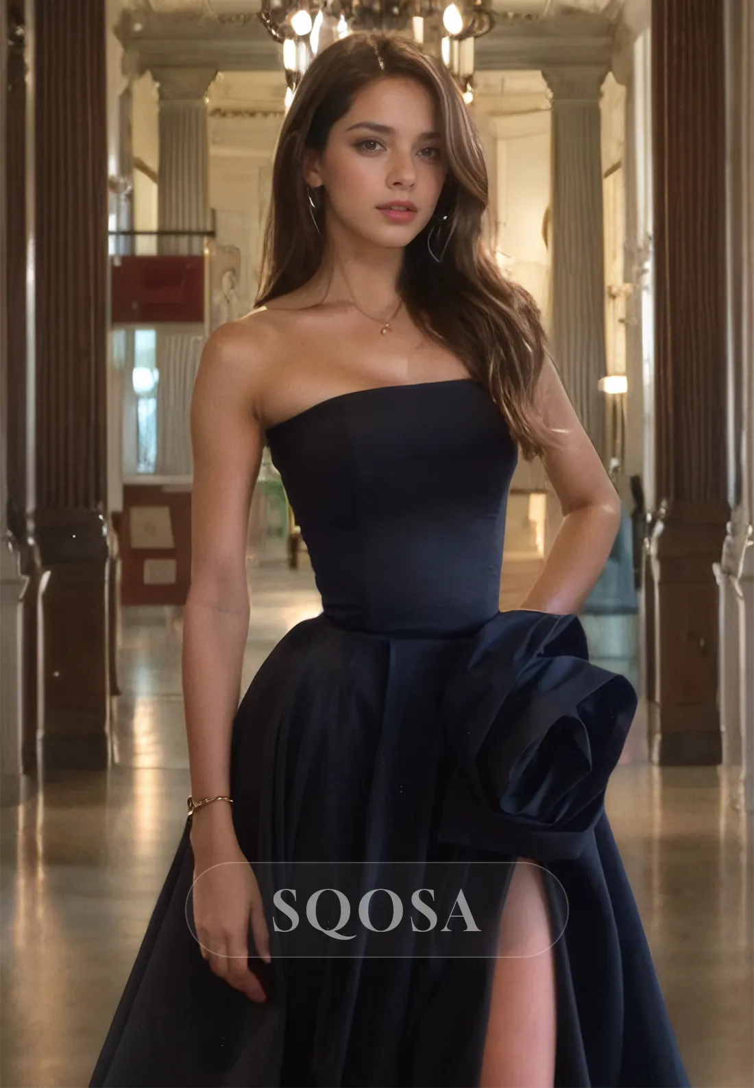 Sleeveless Tube Top A-Line Formal Party Gowns Off-Shoulder Floral Embellished with Slit Prom Dress