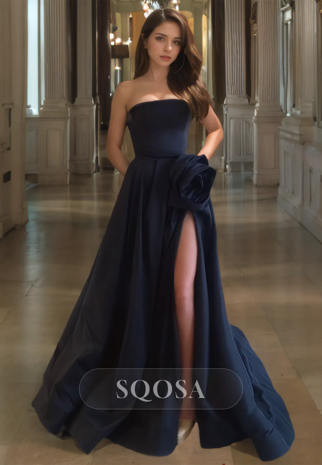 Sleeveless Tube Top A-Line Formal Party Gowns Off-Shoulder Floral Embellished with Slit Prom Dress