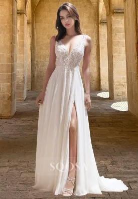 Spaghetti Straps Deep V-Neck Sleeveless Beaded Bride Gowns Lace Applique Pleated A-Line Wedding Dress