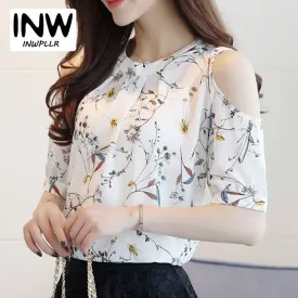 Summer Style 2017 Floral Shirt For Womens Elegant Open Shoulder Blouses Chiffon Print Blusas Women Ete Plus Size Female Tops