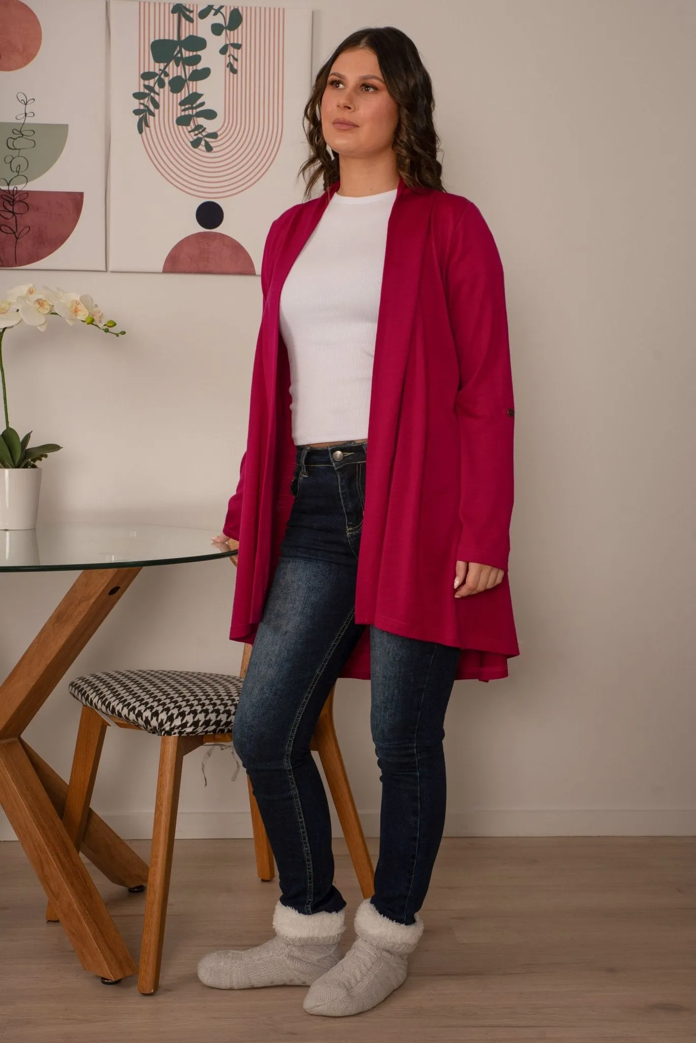 TAB SLEEVE 100% MERINO EDGE TO EDGE A-LINE CARDIGAN RASPBERRY