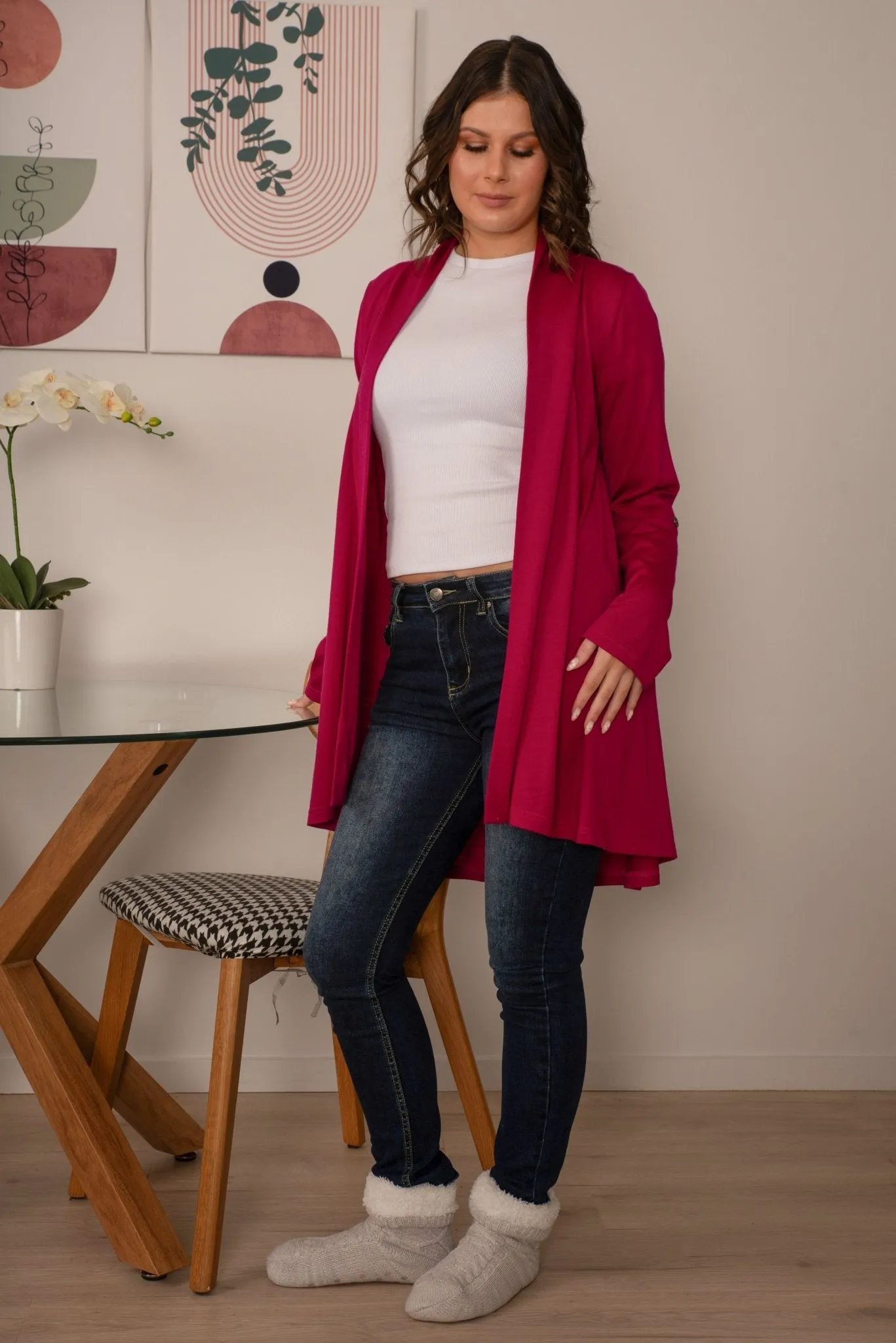 TAB SLEEVE 100% MERINO EDGE TO EDGE A-LINE CARDIGAN RASPBERRY