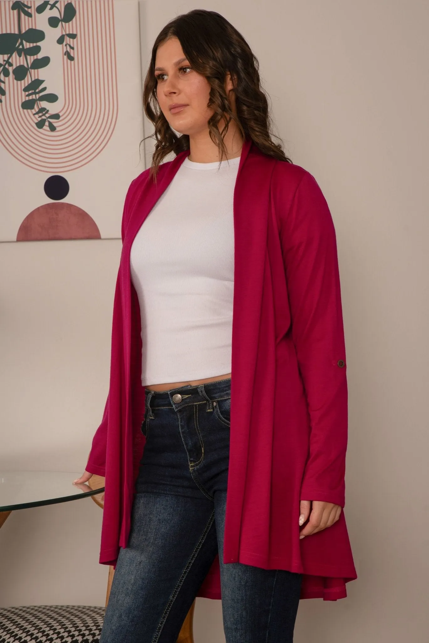 TAB SLEEVE 100% MERINO EDGE TO EDGE A-LINE CARDIGAN RASPBERRY