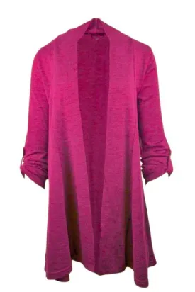 TAB SLEEVE 100% MERINO EDGE TO EDGE A-LINE CARDIGAN RASPBERRY