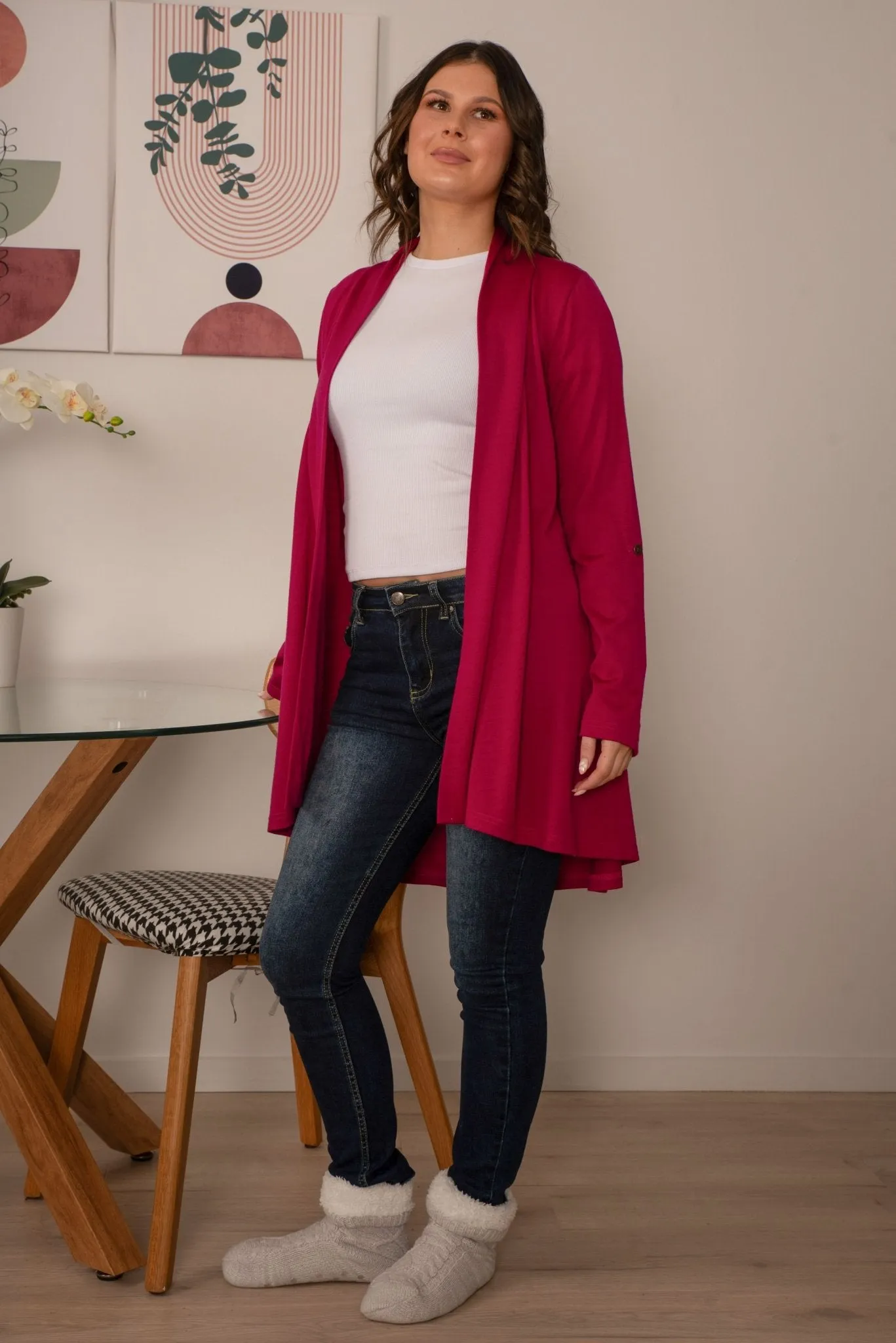 TAB SLEEVE 100% MERINO EDGE TO EDGE A-LINE CARDIGAN RASPBERRY