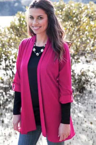 TAB SLEEVE 100% MERINO EDGE TO EDGE A-LINE CARDIGAN RASPBERRY