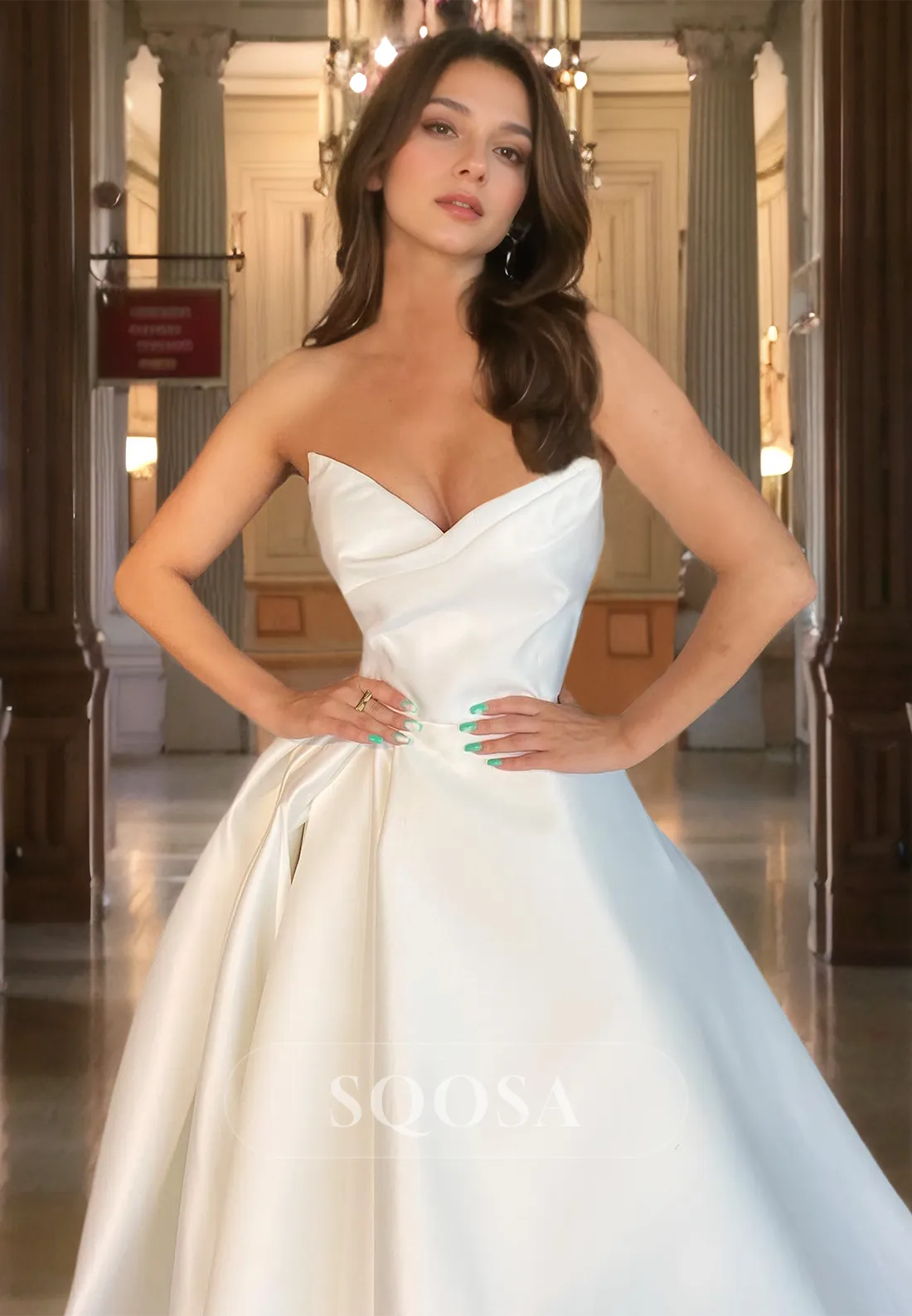 V-Neck Off-Shoulder A-Line Formal Evening Gowns Sleeveless Pleated Satin High Slit Prom Dress